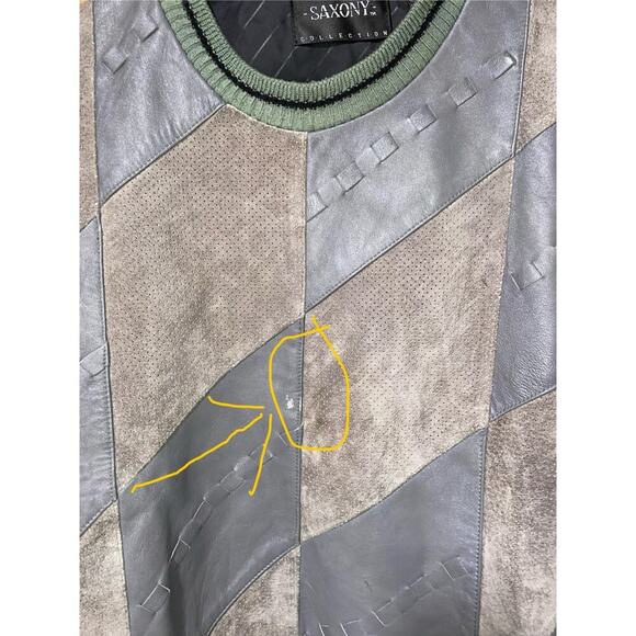 VTG 90s Saxony Leather Knit Sweater HipHop Coogi Style multicolor Texturized SzM - Picture 8 of 8